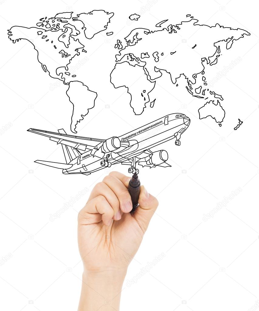853x1024 Hand Draw A Concept Picture About World Map And A Airplane Stock