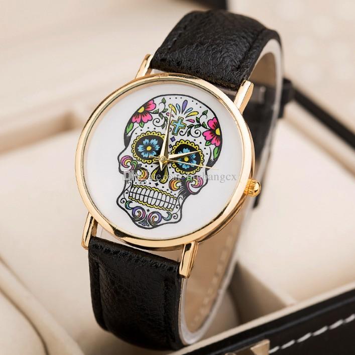 707x707 Coloured Drawing Skull Pattern Leather Wristwatch Flower Skull