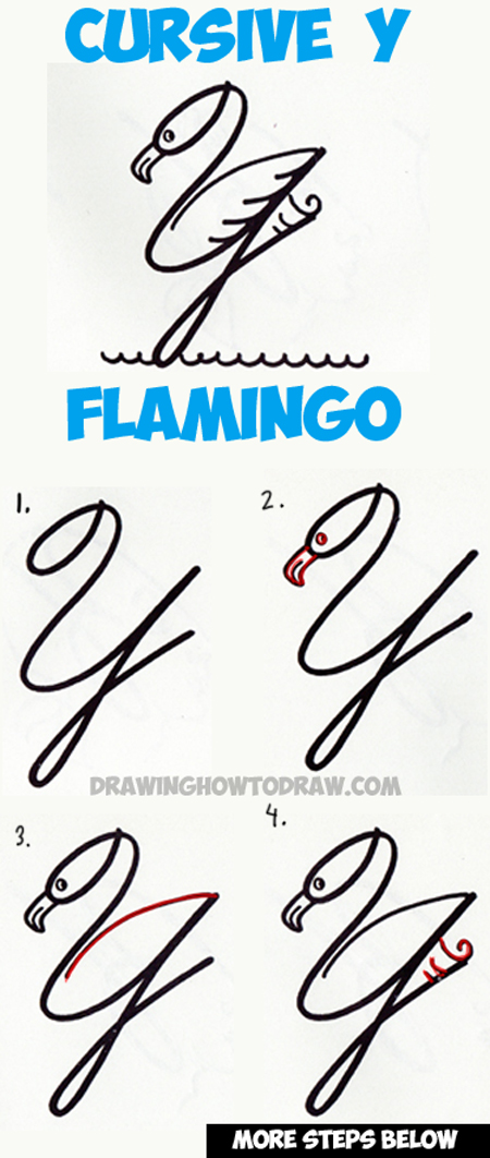 450x1062 How To Draw A Cartoon Flamingo From Cursive Letter Y Shapes Easy