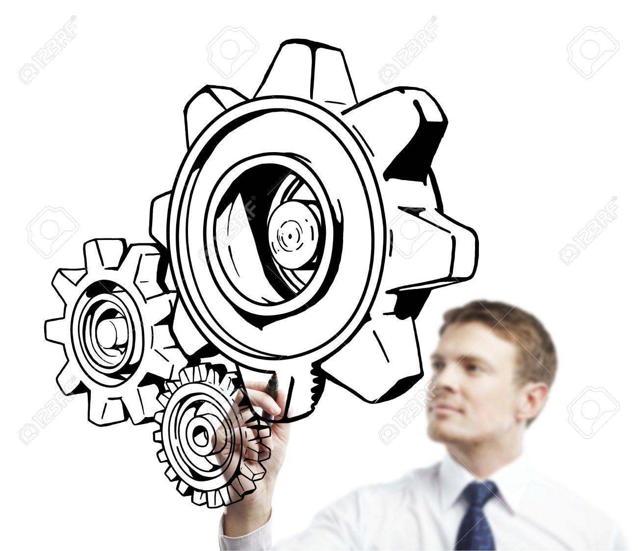 1300x1123 Young Man Drawing Gears On A White Background Stock Photo, Picture