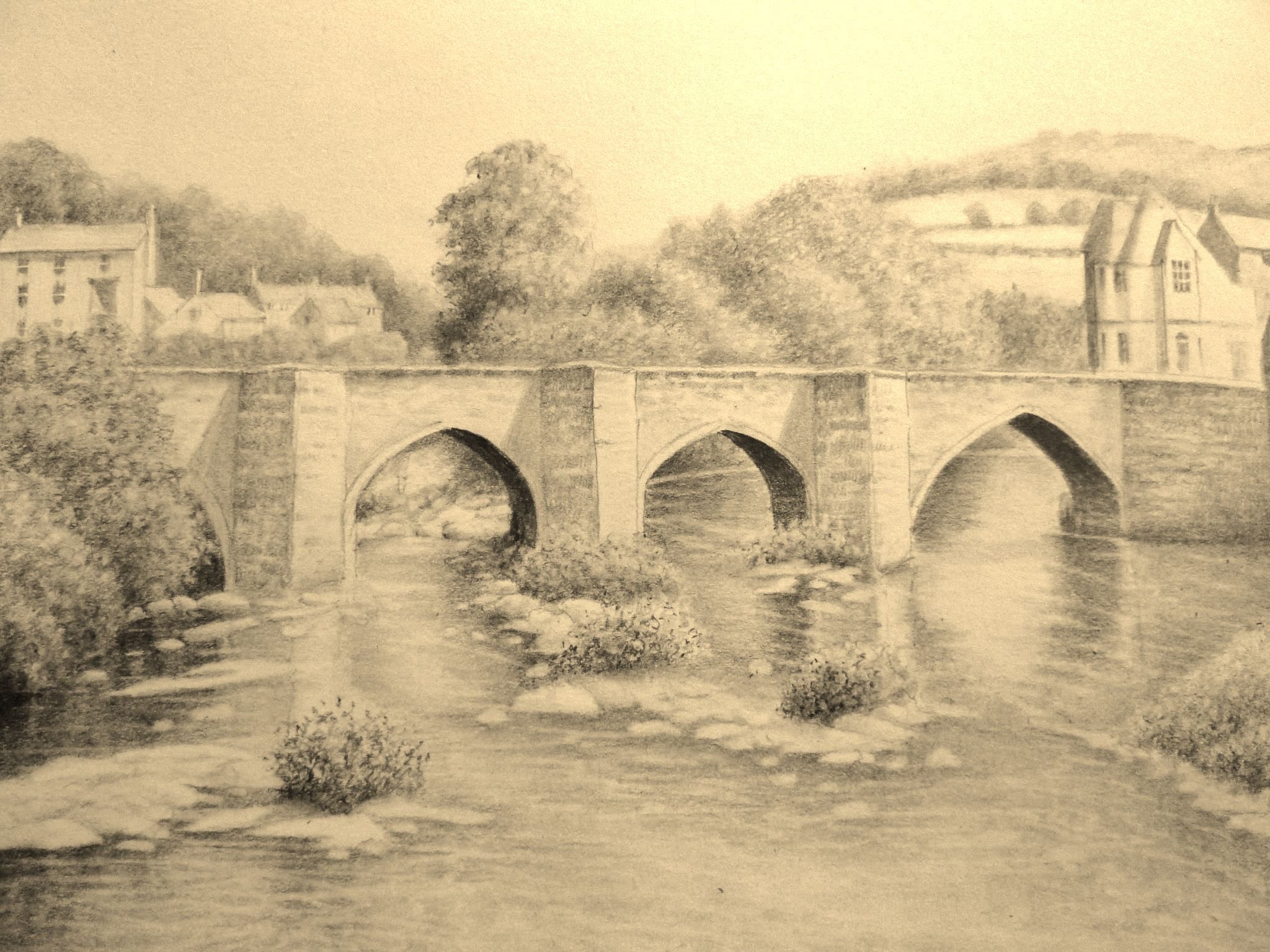 2048x1536 Landscape Graphite Pencil Drawing, Llangollen Bridge, Wales