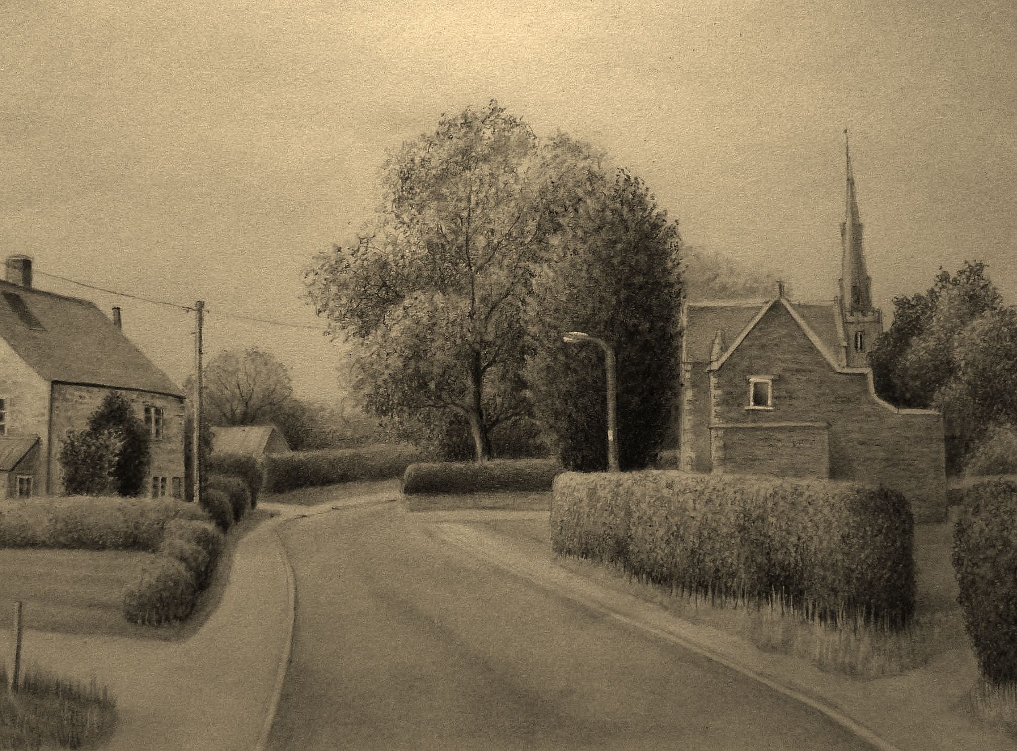 2012x1486 Landscape Pencil Drawing, A South Leicestershire Village