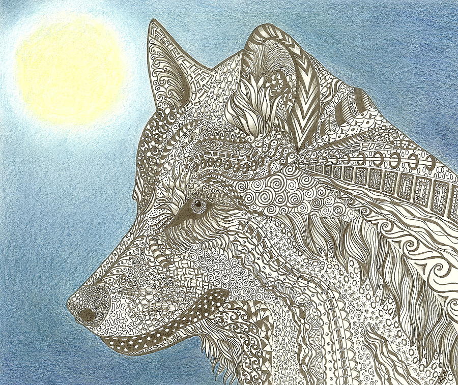 900x757 Zen Wolf Moon Drawing By Jennie Richards