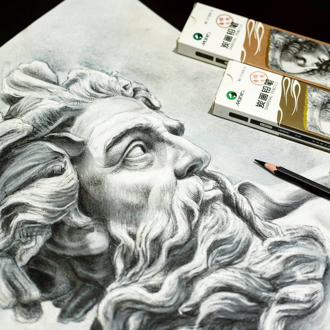 1080x1080 Zeus Greek Statue Study By @bukchori Charcoal On Multimedia Paper