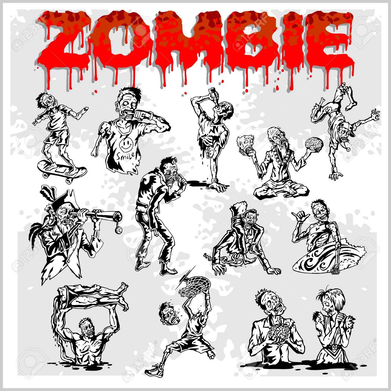 1300x1300 Cartoon Zombie. Set Of Color Drawings Of Zombies. Royalty Free