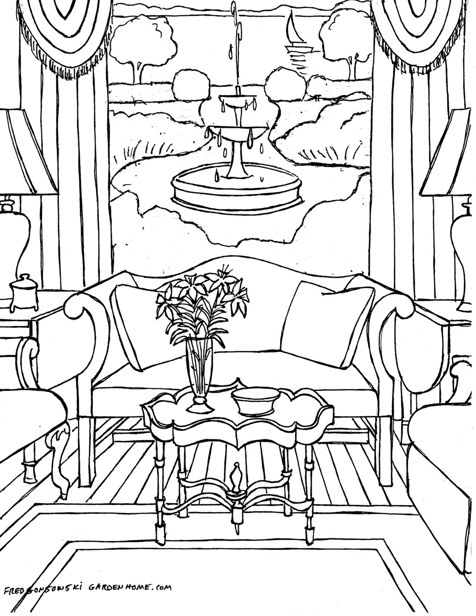 972x1258 One Point Perspective Interior Drawing Hand Living Room Sketch