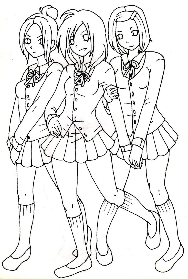 734x1089 3 School Girls Lineart By Sh3rryb3ar