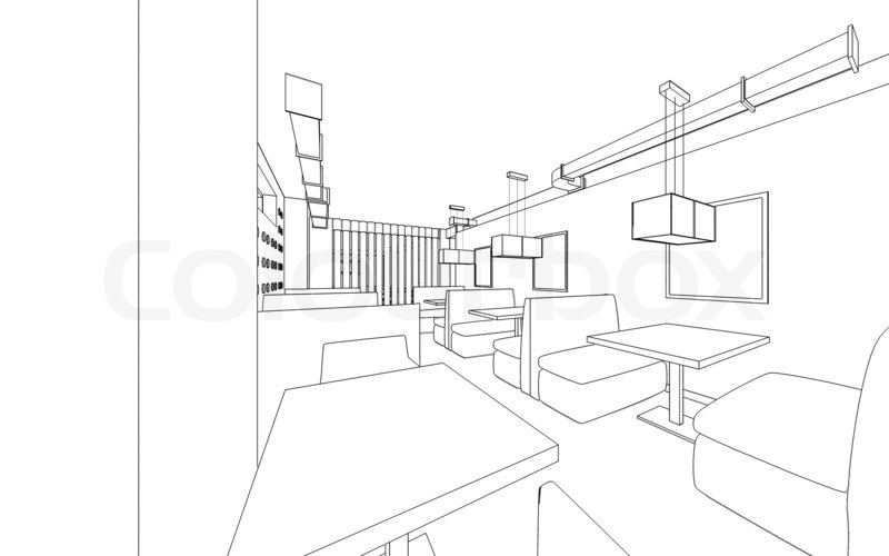 800x500 Draft Design Of The Restaurant. 3d Graphic Design Interior Stock