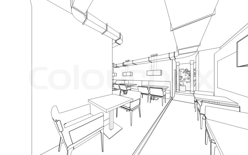 800x500 Draft Design Of The Restaurant. 3d Graphic Design Interior Stock