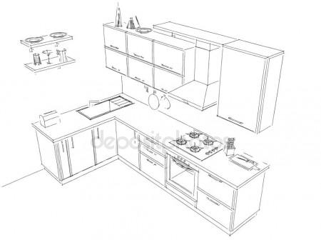 450x336 Contemporary Corner Kitchen Outline Sketch Black And White. 3d