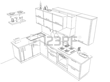 450x337 Sketch Of Modern Corner Kitchen. 3d Outline Illustration. Black