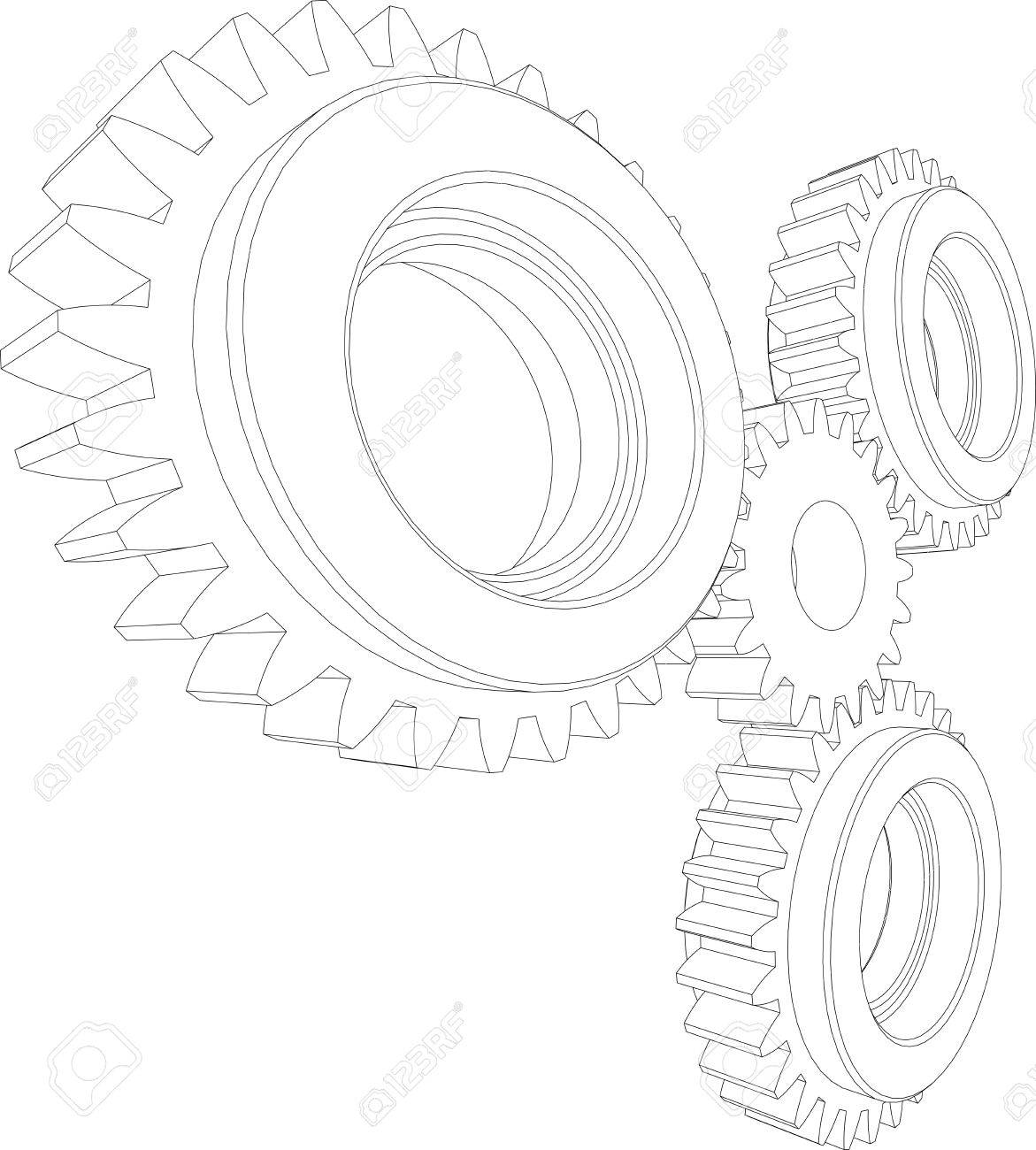 1171x1300 Sketch Of Wire Frame Gears. Perspective View. Teamwork Concept