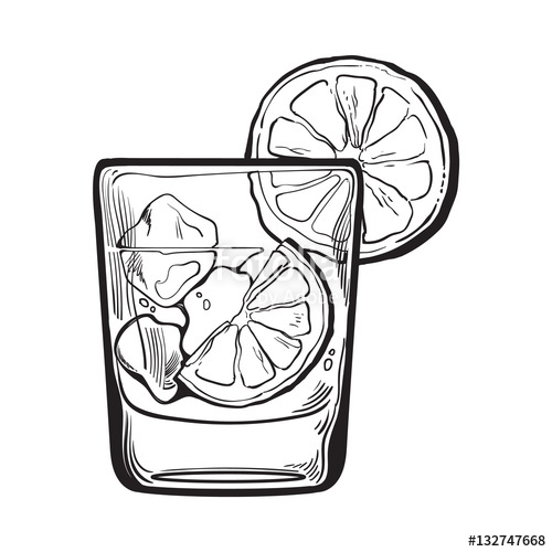 500x500 Glass Of Gin, Vodka, Soda Water With Ice And Lime, Sketch Style