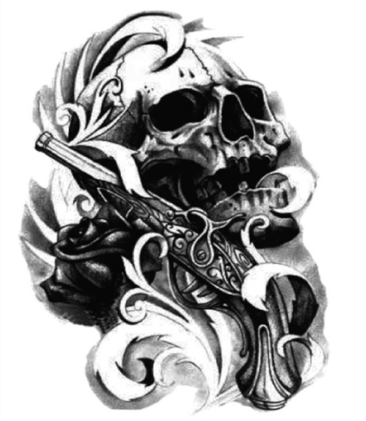 750x862 Wholesale Single Gun Skull Tattoo 3d Waterproof Temporary Tattoo