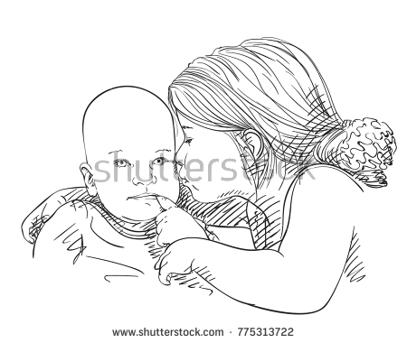 450x380 Sketch Of 5 Year Old Girl Tenderly With Love Kissing Baby In His