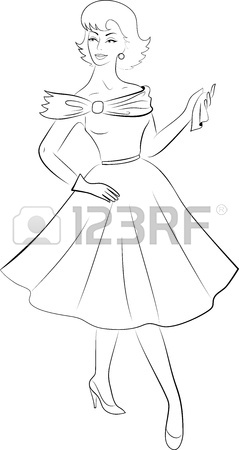 239x450 Outline Sketch Of Woman In 50s Dress Royalty Free Cliparts
