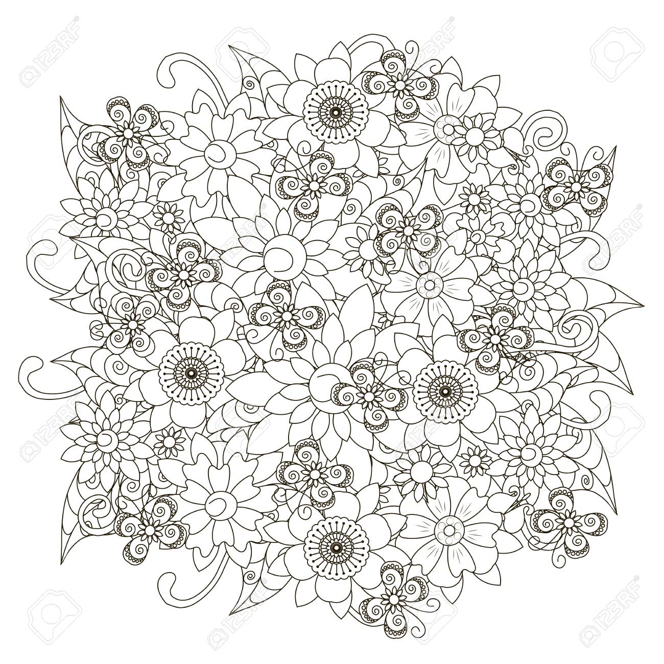 1300x1300 Black And White Sketch Of Flower Background, Stylized Flowers