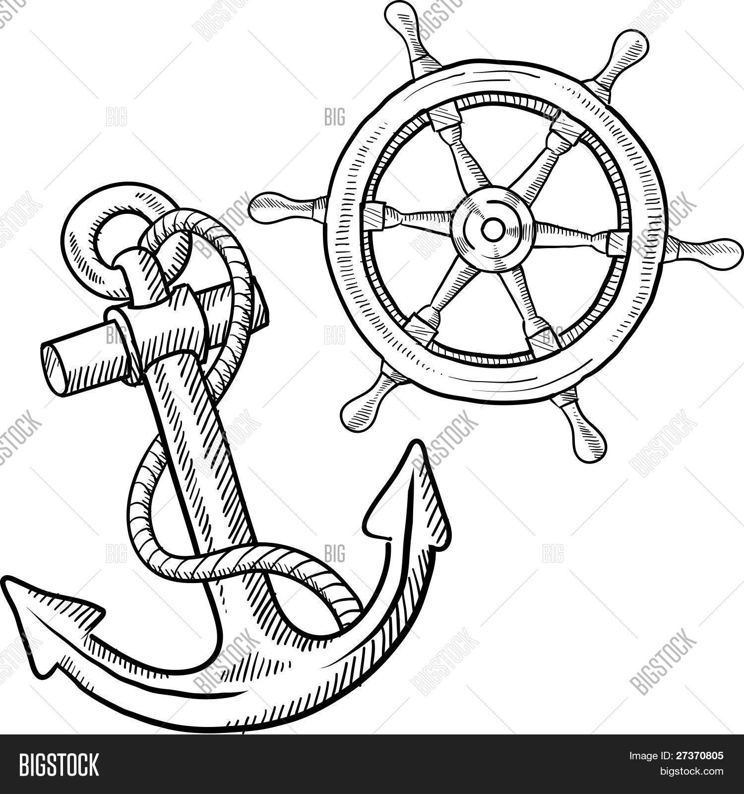 1500x1600 Ship Anchor And Wheel Sketch Printables Ship