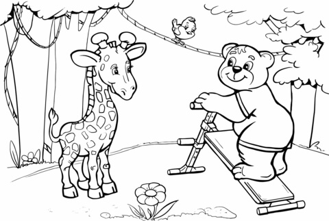 480x323 Giraffe And Bear Want To Do Abs Workout Coloring Page Free