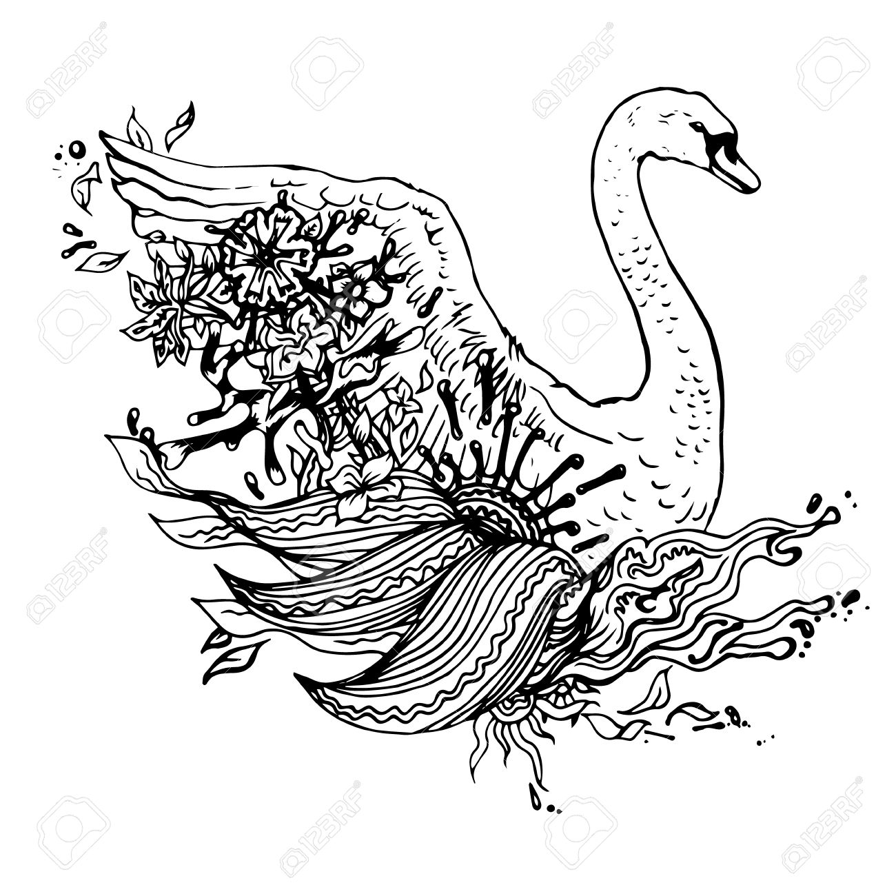 1300x1300 Black And White Swan Isolated. Engraving Sketch. Abstract Vector