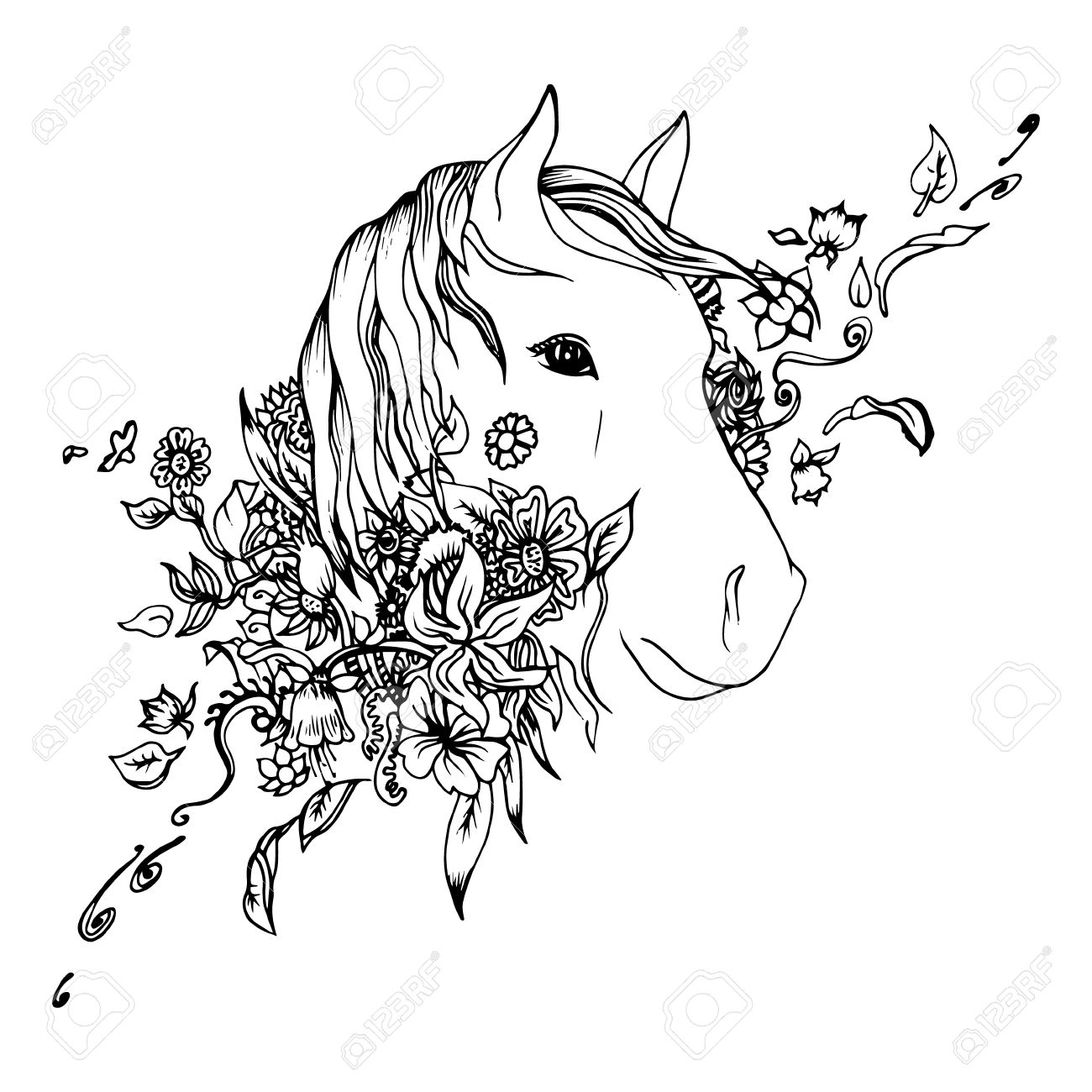 1300x1300 Black And White Horse Head Isolated. Engraving Sketch. Abstract