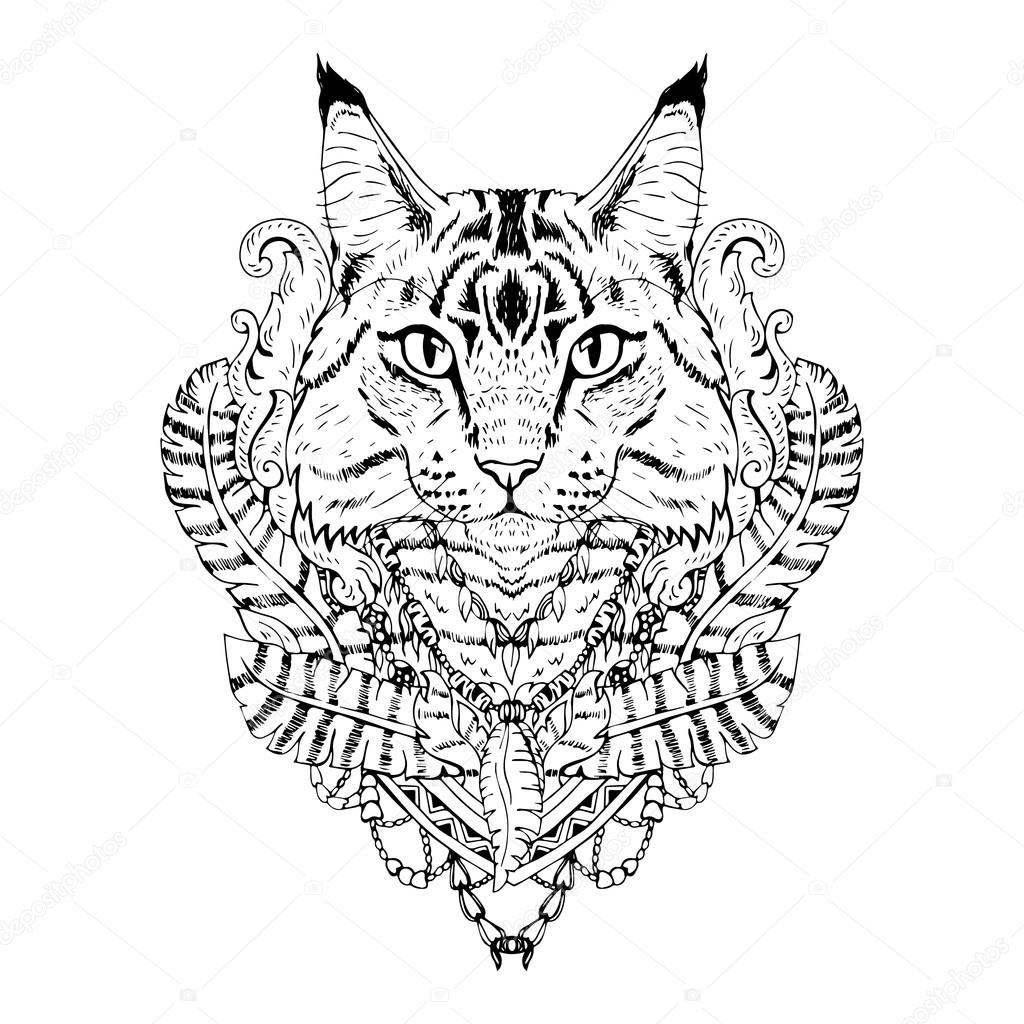 1024x1024 Black And White Animal Cat Head, Abstract Art, Tattoo, Doodle