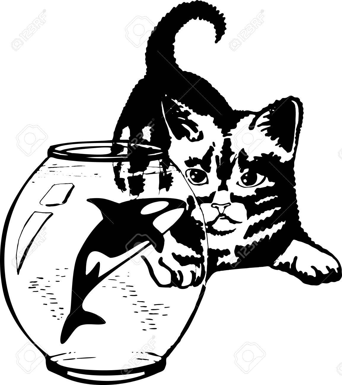 1153x1300 Black And White Abstract Drawing. Kitten Looks At The Aquarium