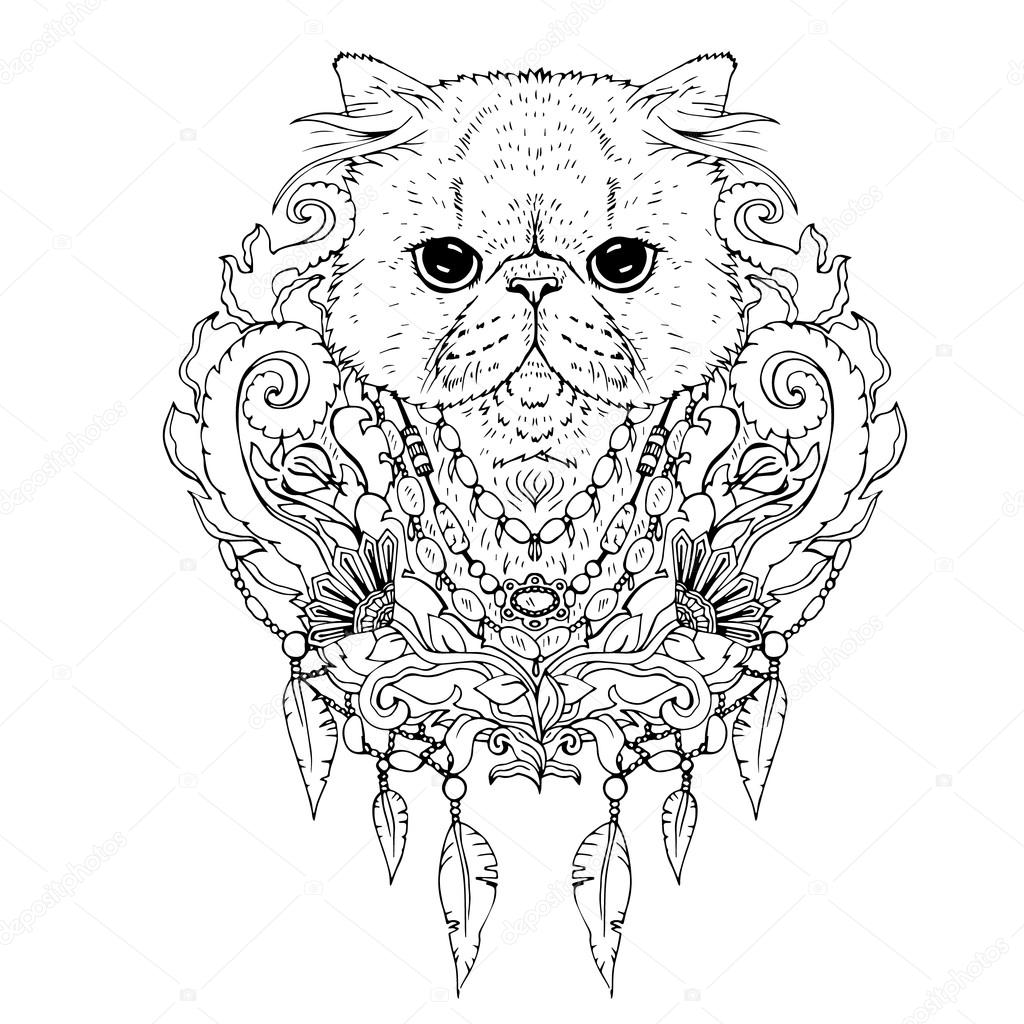 1024x1024 Black And White Animal Cat Head, Abstract Art, Tattoo, Doodle