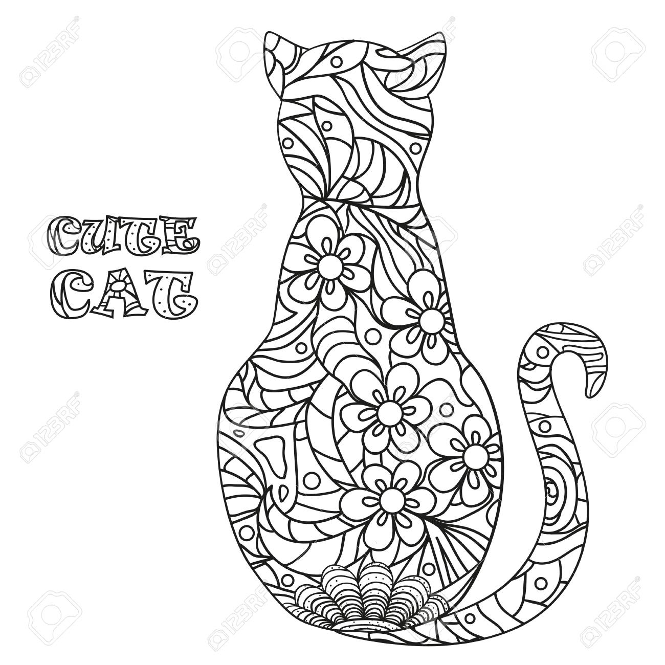 1300x1300 Cat. Design Zentangle. Hand Drawn Cat With Abstract Patterns