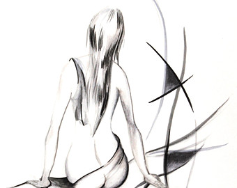 340x270 Woman Figure Art Print From Ink Drawing, Black And White, Abstract