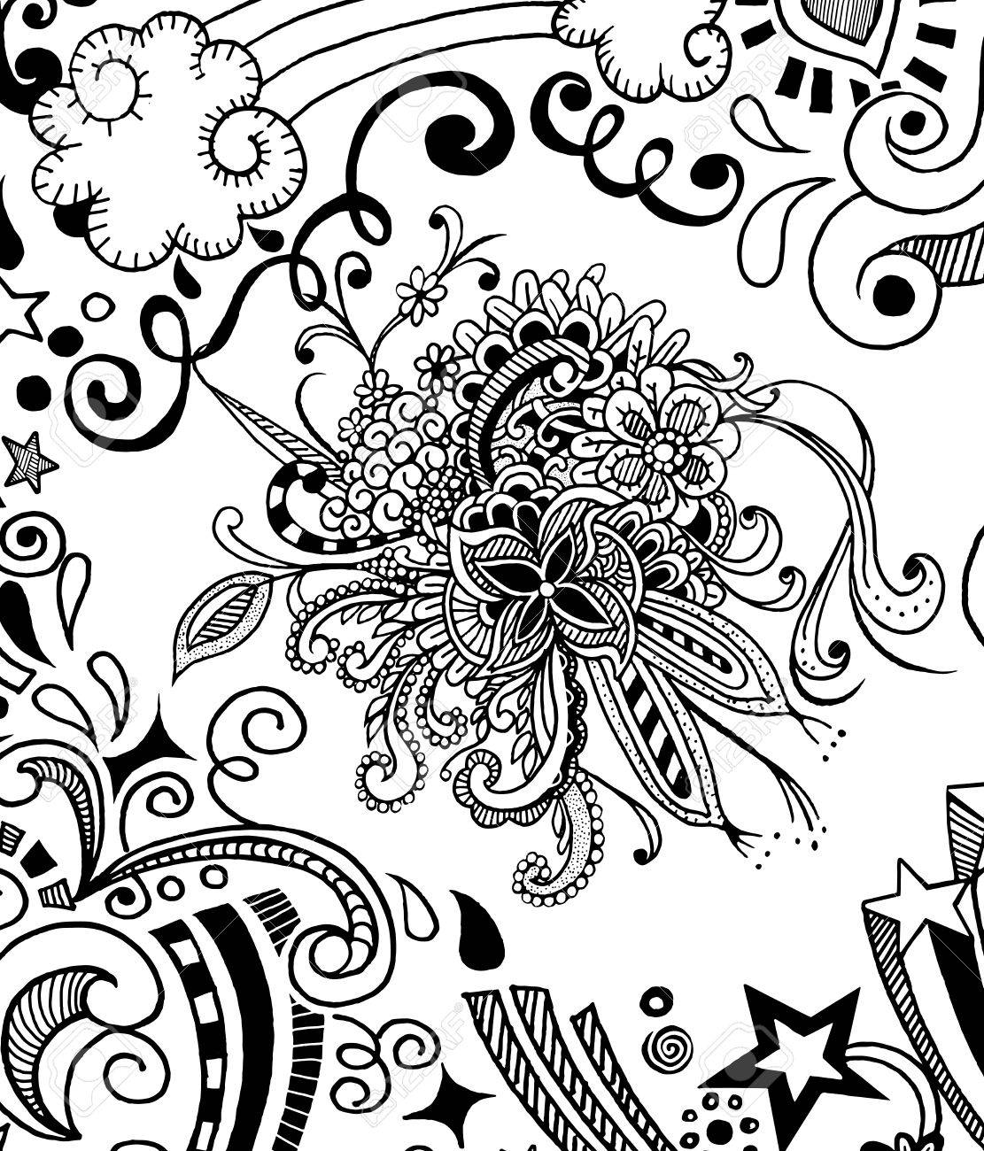 1111x1300 Doodle Pattern With Abstract Branches Flowers. Black