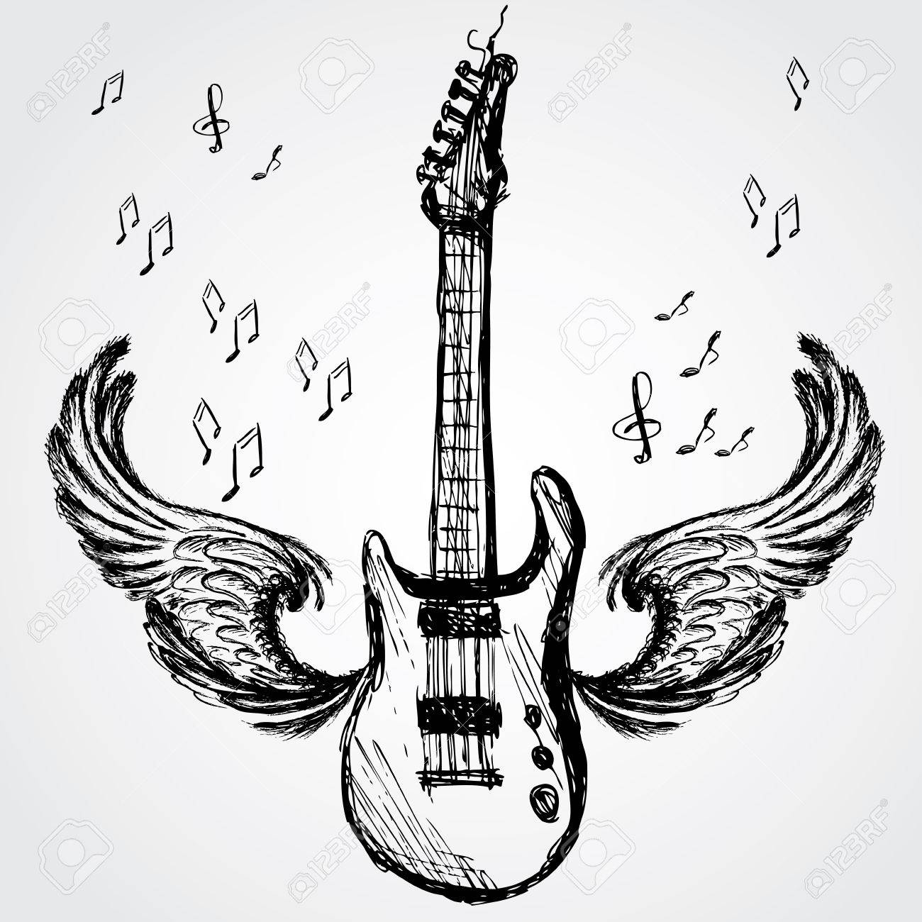 1300x1300 Music Background With Rock Guitar And Wings, Vector Royalty Free