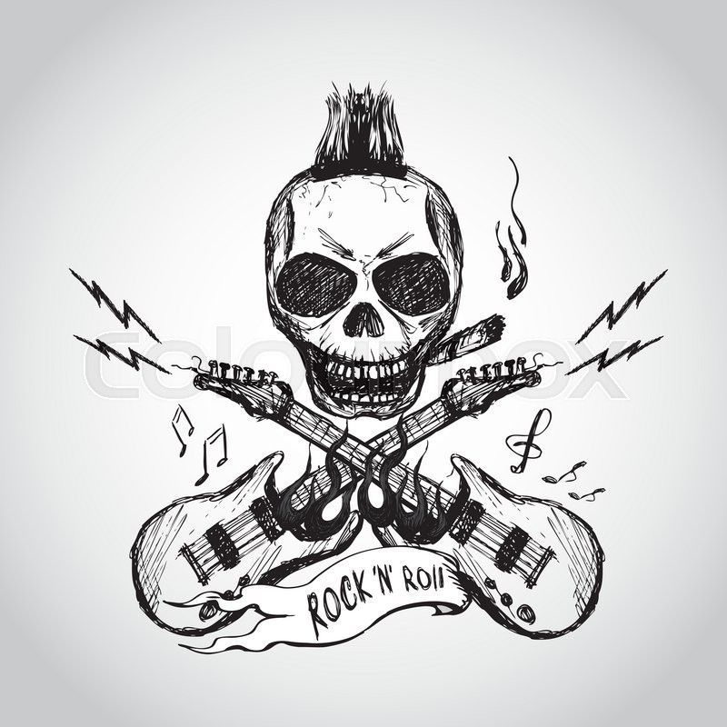 800x800 Rock And Roll Skull Guitar Hand Drawing. Vector. Stock Vector