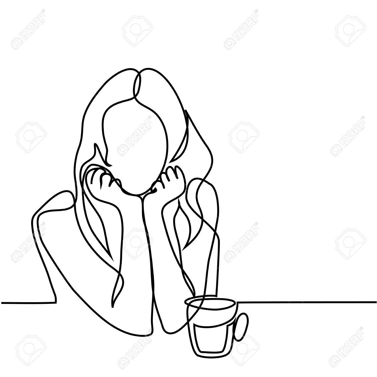 1300x1300 Continuous Line Drawing. Abstract Portrait Of A Woman With Cup