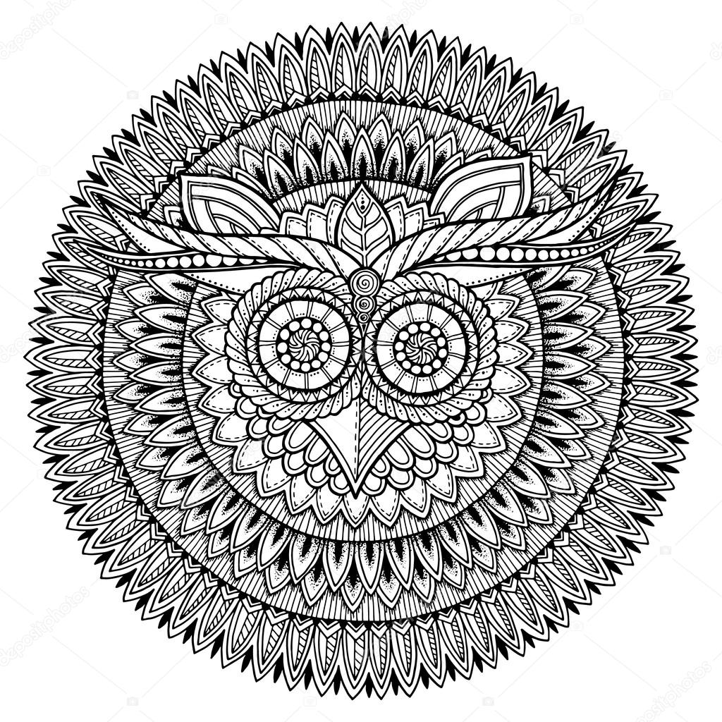 1024x1024 Birds Theme. Owl Black And White Mandala With Abstract Ethnic Az