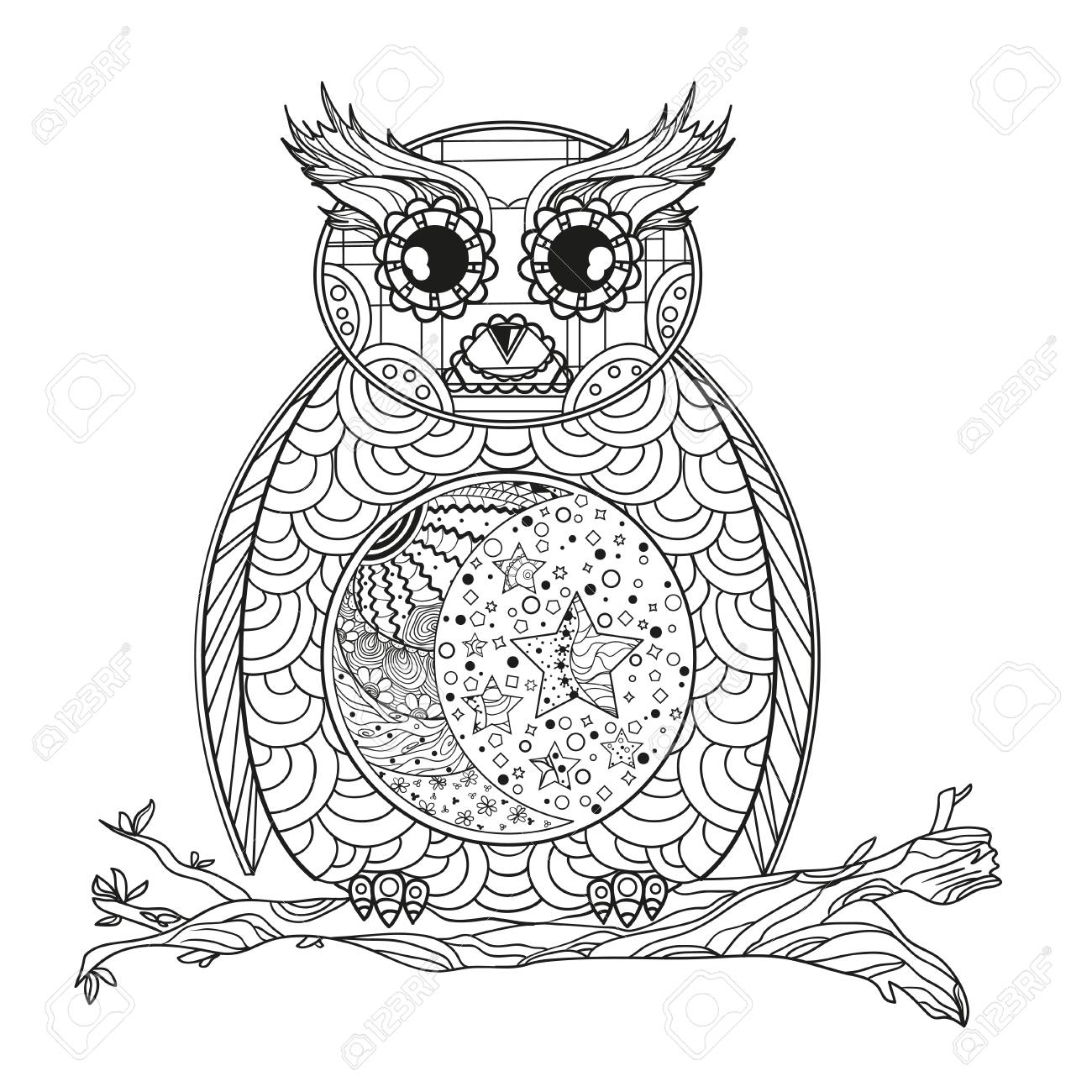 1300x1300 Owl. Mandala. Half Moon And Stars. Detailed Hand Drawn Night Owl