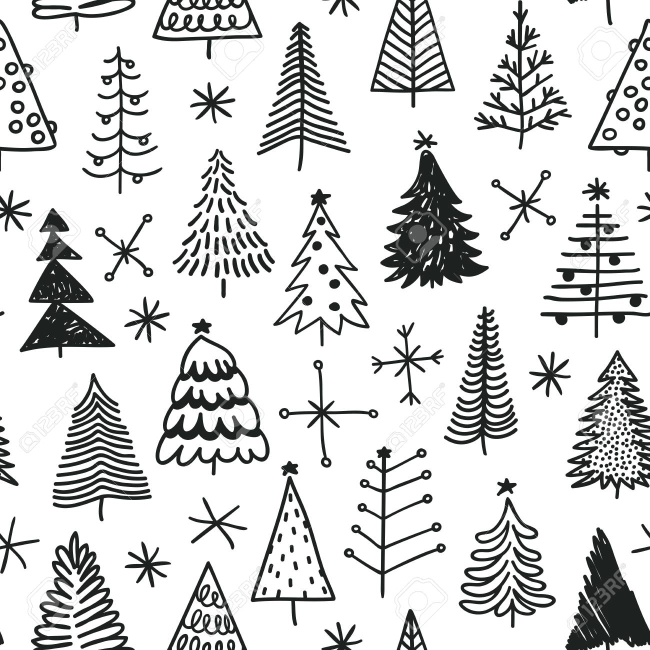 1300x1300 Seamless Pattern With Hand Drawn Christmas Tree. Abstract Doodle