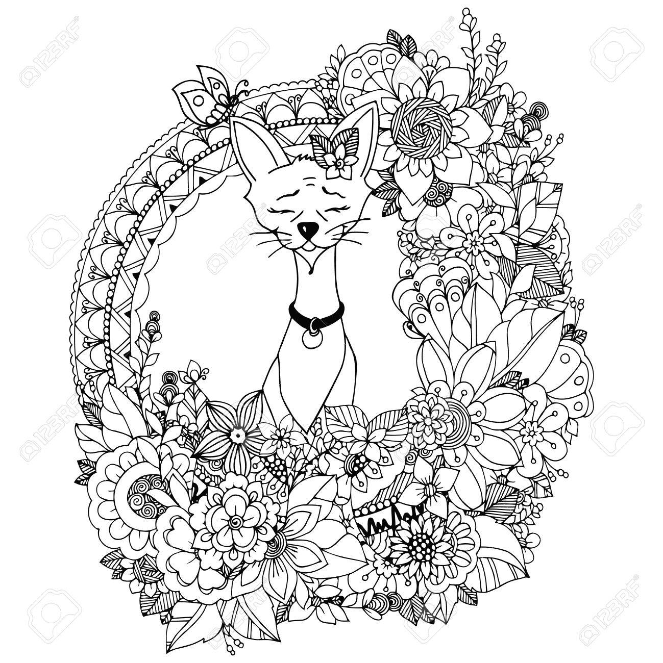 1299x1300 Vector Illustration. Doodle Drawing Egyptian Cat In The Floral