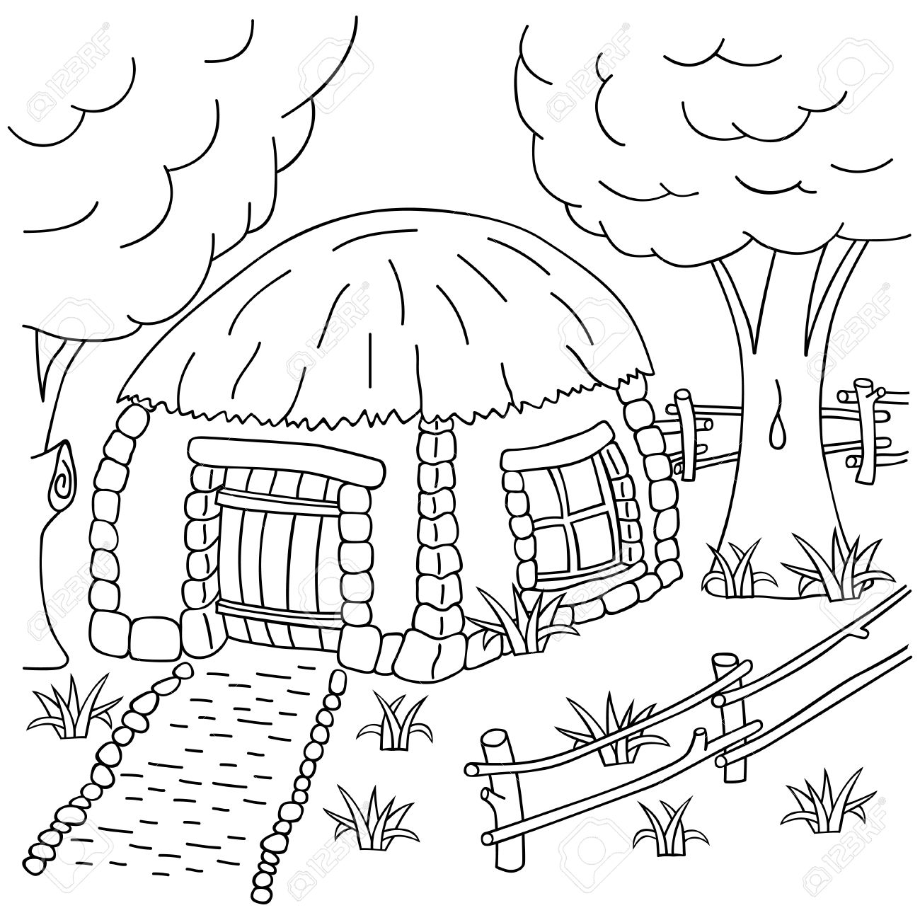 1300x1300 Hand Draw Village House Behind The Fence. Coloring Book Page