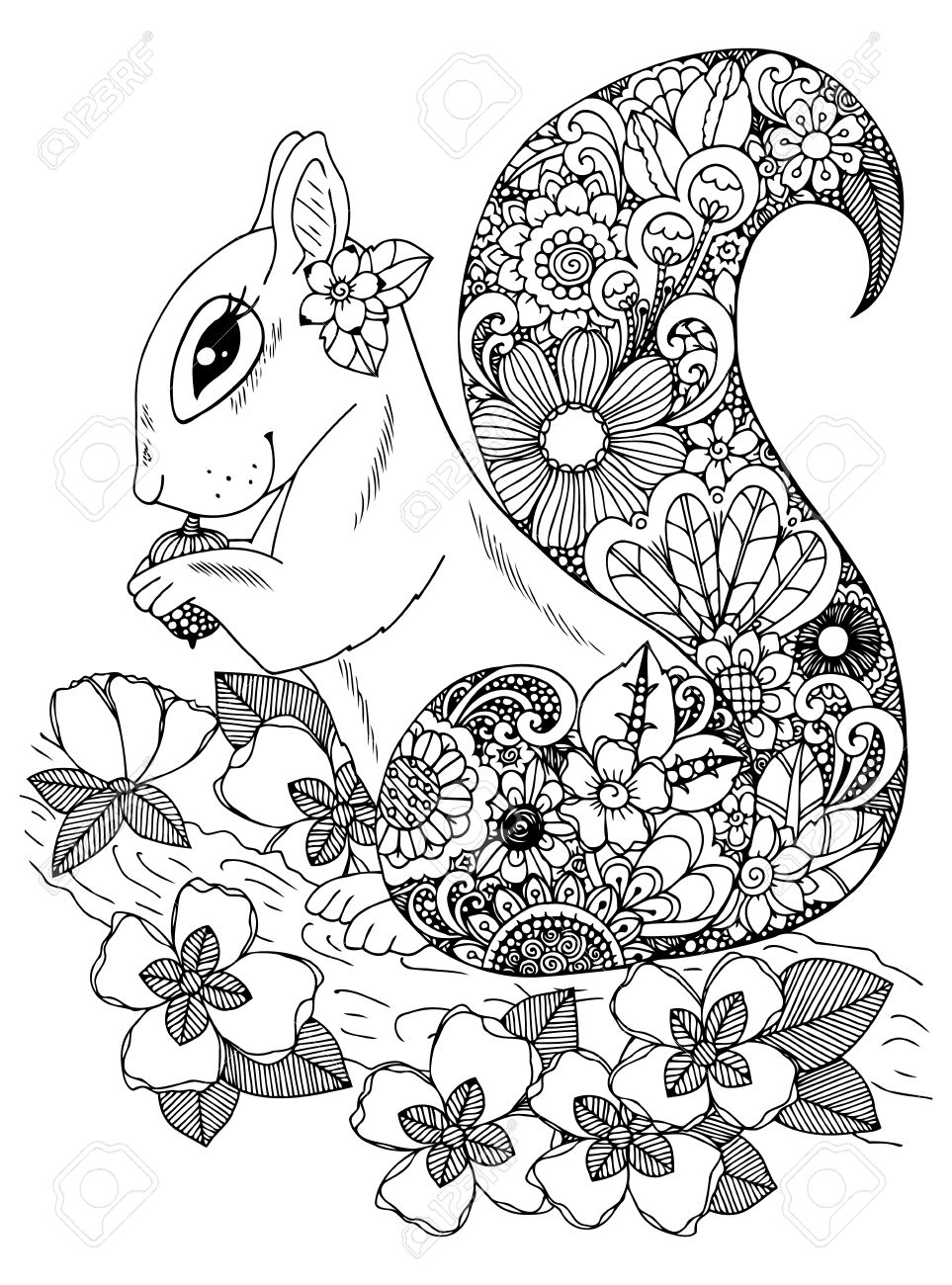 963x1300 Illustration Zentangle, Squirrel With Flowers. Doodle Drawing