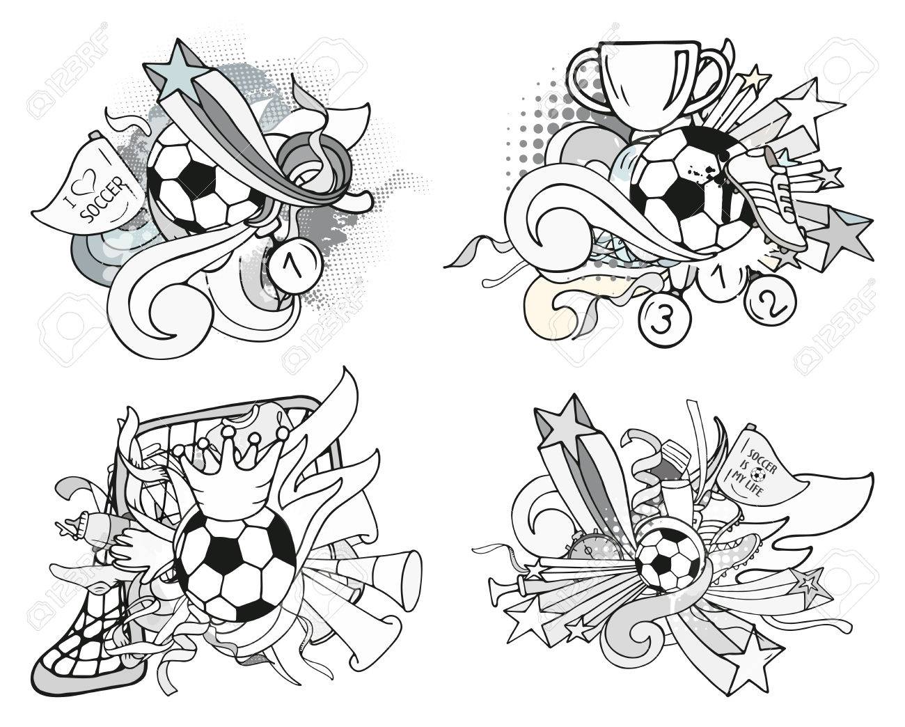 1300x1044 Doodle Grayscale Soccer Compositions With Sport Objects