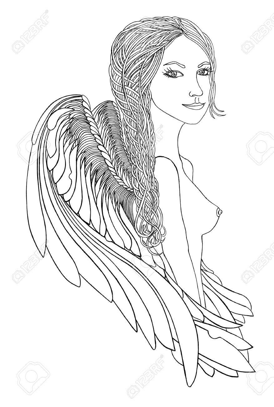 877x1300 Girl With Beautiful Wings.graphic Drawn Pen.with Creative Braid