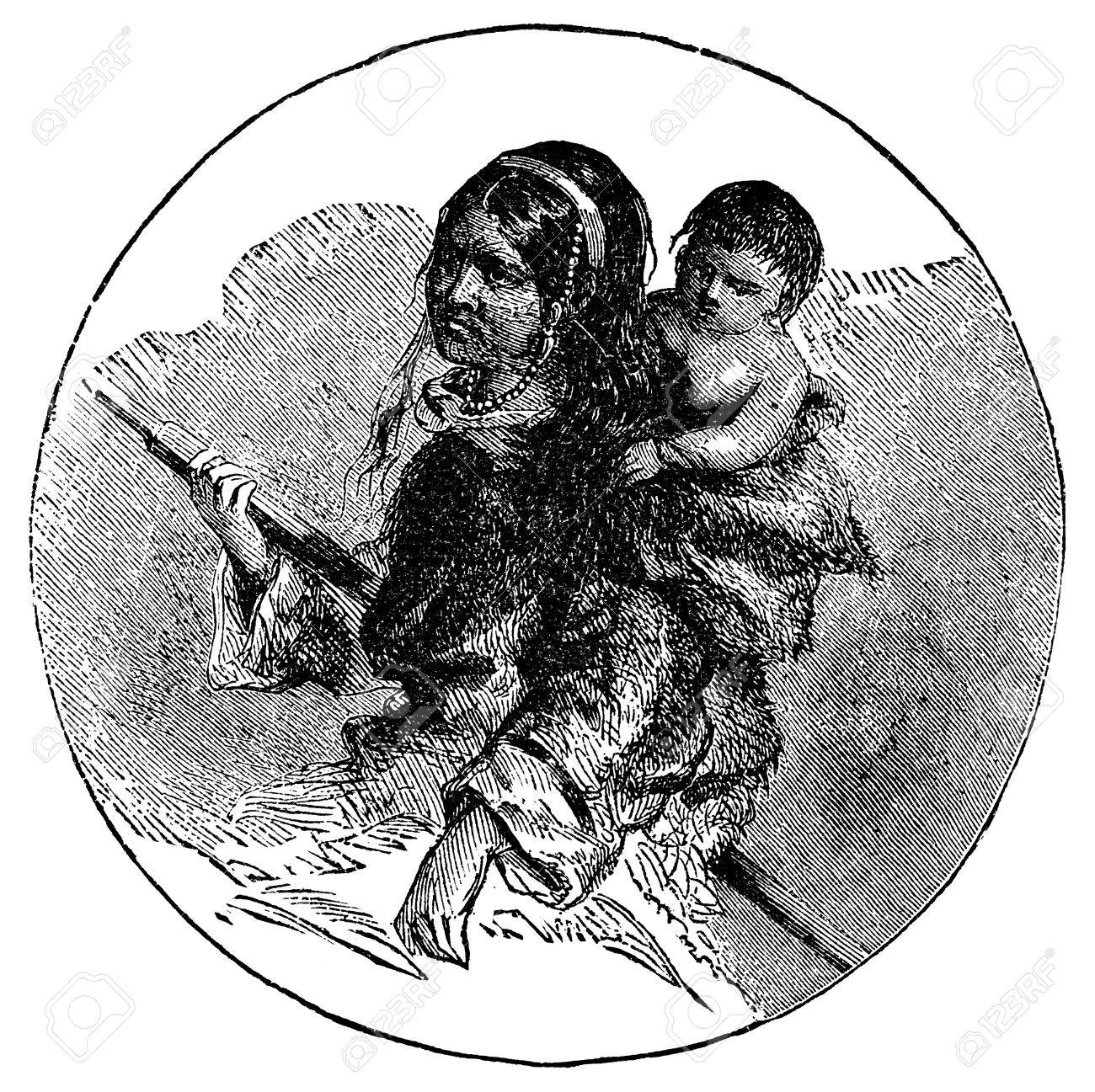 1300x1297 Victorian Engraving Of An Eskimo Inuit Mother And Child Stock