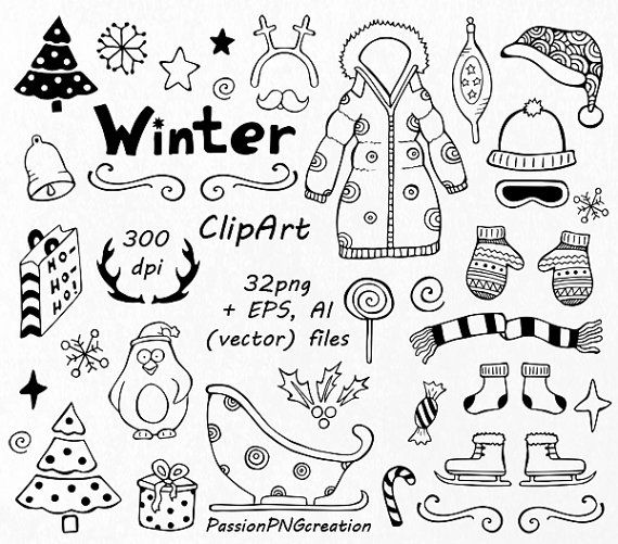 570x501 Winter Doodle Clipart, Hand Drawn Christmas Clip Art, Clipart, Png