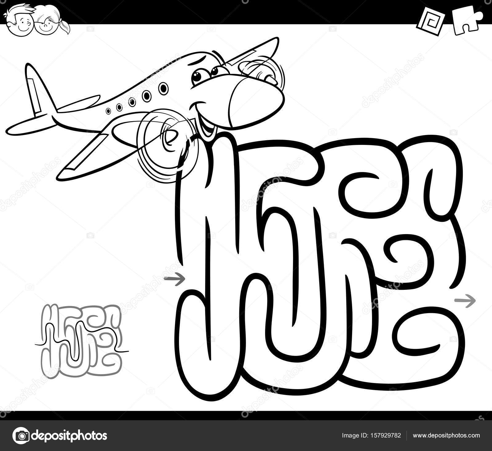 1600x1466 Maze With Plane Coloring Page Stock Vector Izakowski
