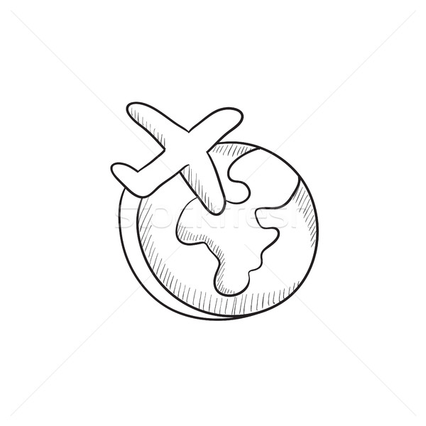 600x600 Airplane Flying Around The World Sketch Icon. Vector Illustration