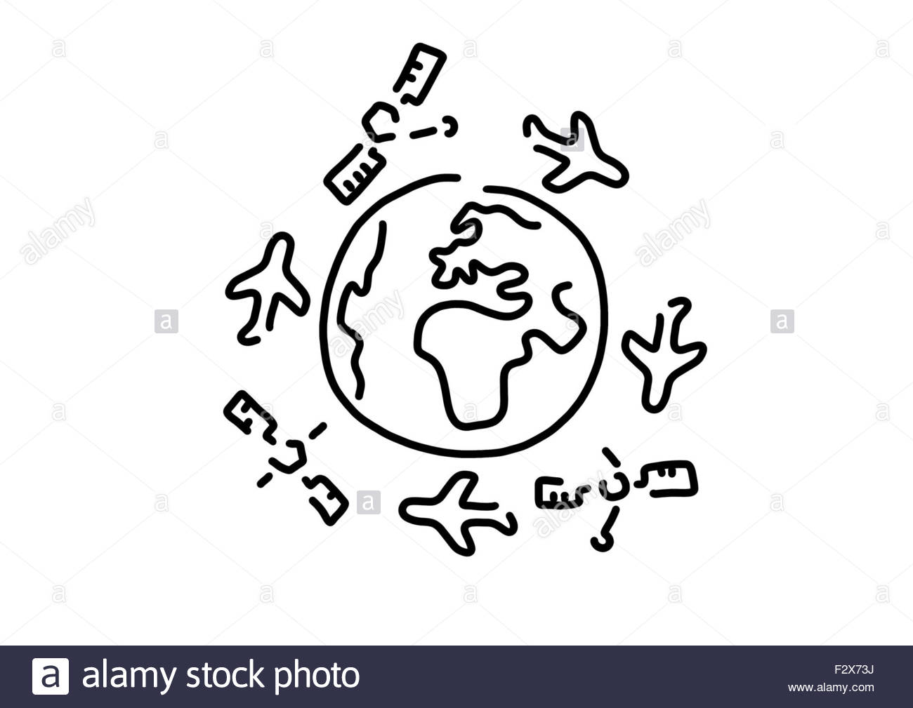 1300x1009 Flying Around The World, Airplanes, Satellites, Line Drawing