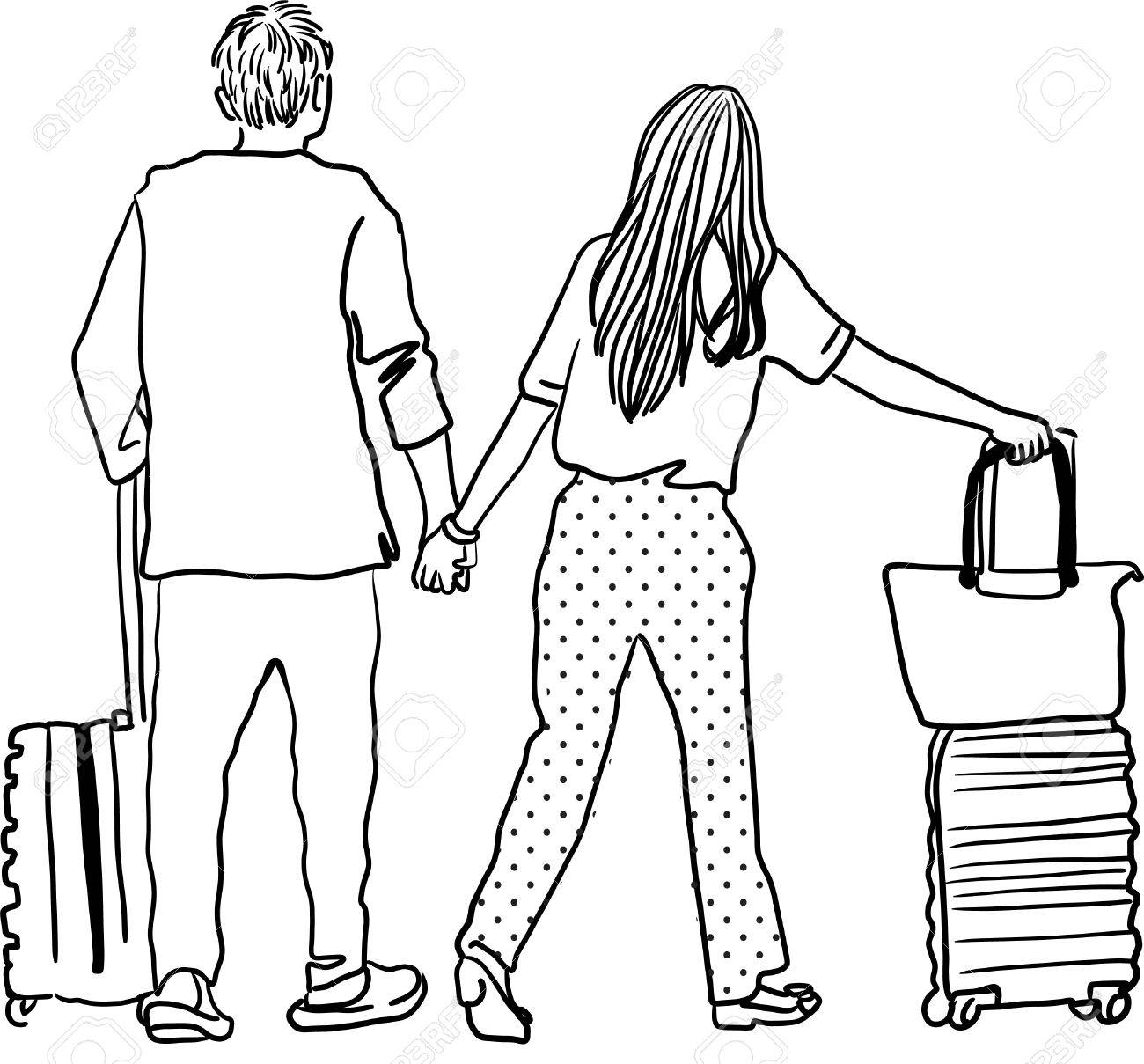 1300x1209 Drawing Of Young Man And Woman Walking At Airport Royalty Free
