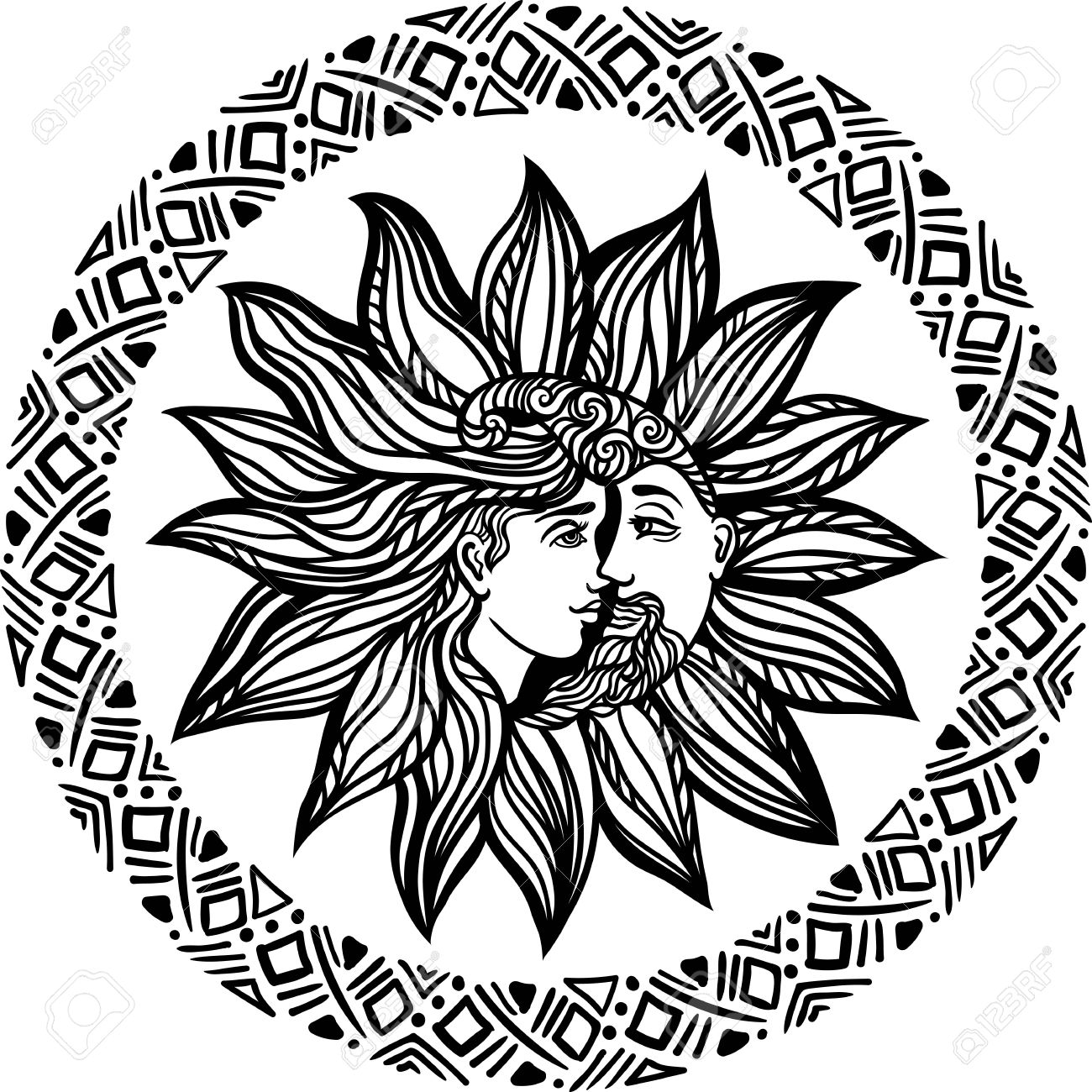 1300x1300 Bohemian Sun And Moon. Tattoo Design.illustration. Alchemy Occult