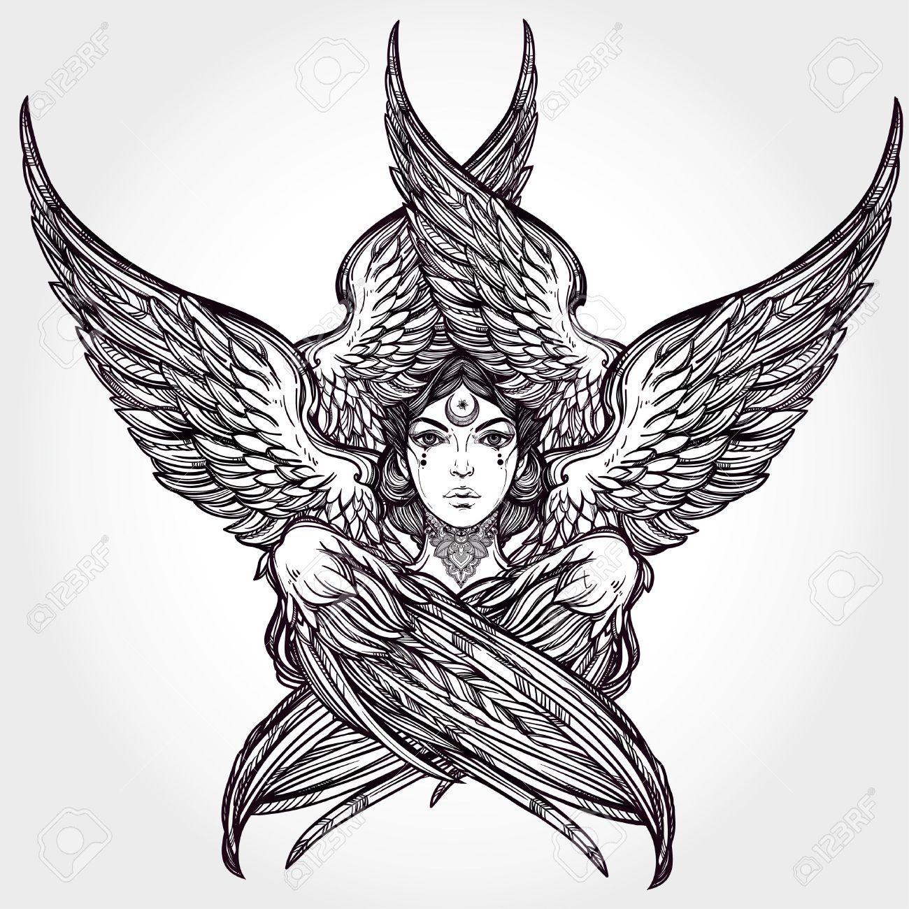 1300x1300 Hand Drawn Romantic Six Winged Angel. Alchemy, Religion